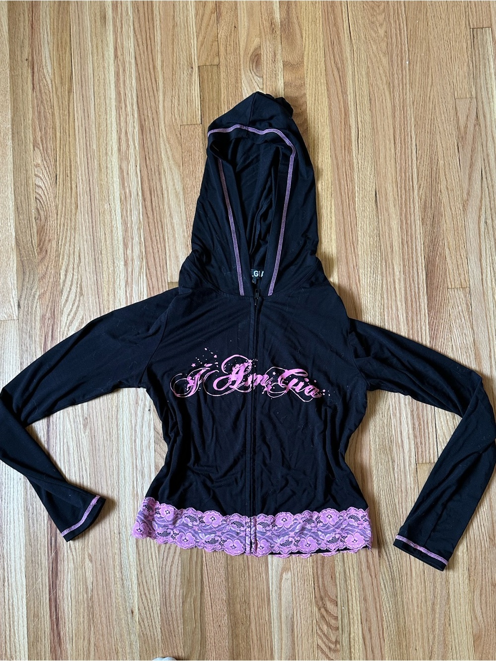 I.AM.GIA Tarsha Jacket Black Zip Hoodie Jacket with Pink Lace Trim
